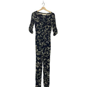 𝅺abercrombie & Fitch Faux Wrap Jumpsuit Womens X Small Black White Floral V Neck